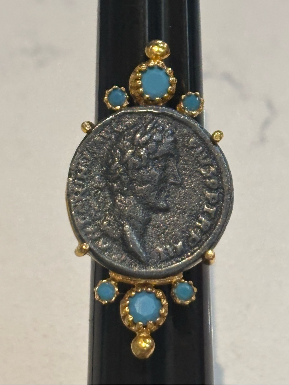 Vintage gold tone simulated coin with turquoise color beading large costume ring